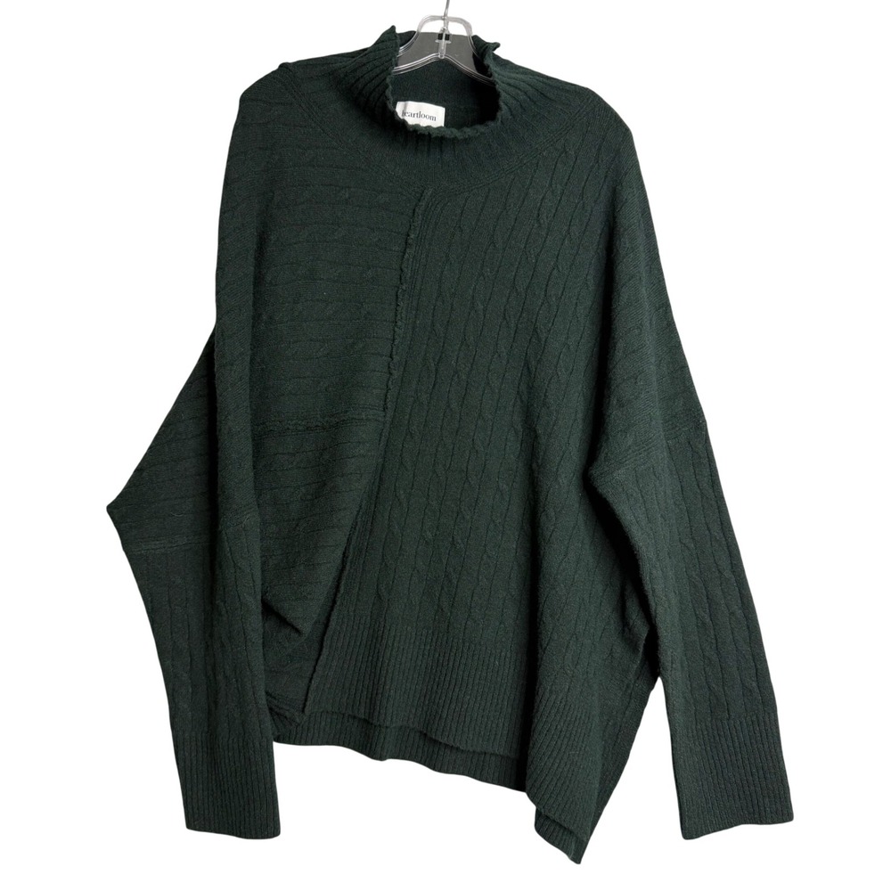 Heartloom Amia Sweater Womens L Hunter Green Cable‎ Knit Asymmetrical Mock Neck